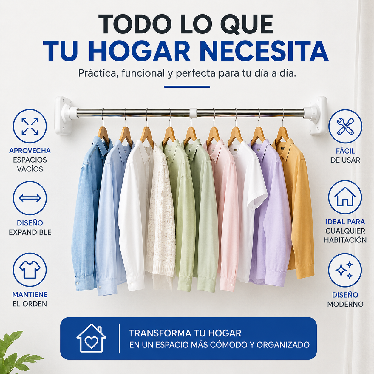 Barra Plegable Expandible - Convierte Cualquier Pared en un Espacio Inteligente para Organizar tu Hogar