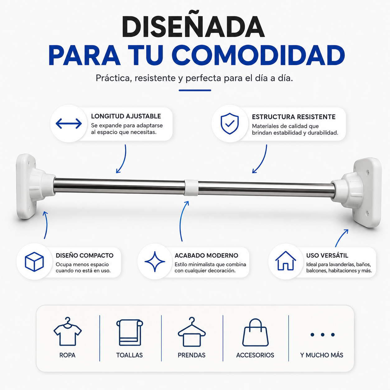 Barra Plegable Expandible - Convierte Cualquier Pared en un Espacio Inteligente para Organizar tu Hogar