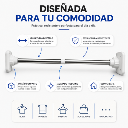 Barra Plegable Expandible - Convierte Cualquier Pared en un Espacio Inteligente para Organizar tu Hogar