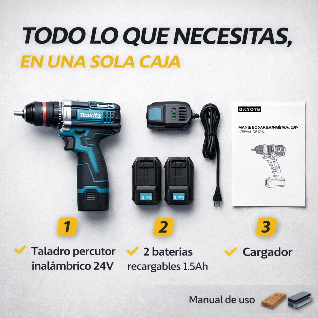 MakitaPro ® TALADRO Inalambrico MAKITA con PERCUTOR + 24 ACCESORIOS + 2 BATERIAS