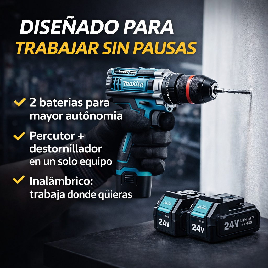 MakitaPro ® TALADRO Inalambrico MAKITA con PERCUTOR + 24 ACCESORIOS + 2 BATERIAS